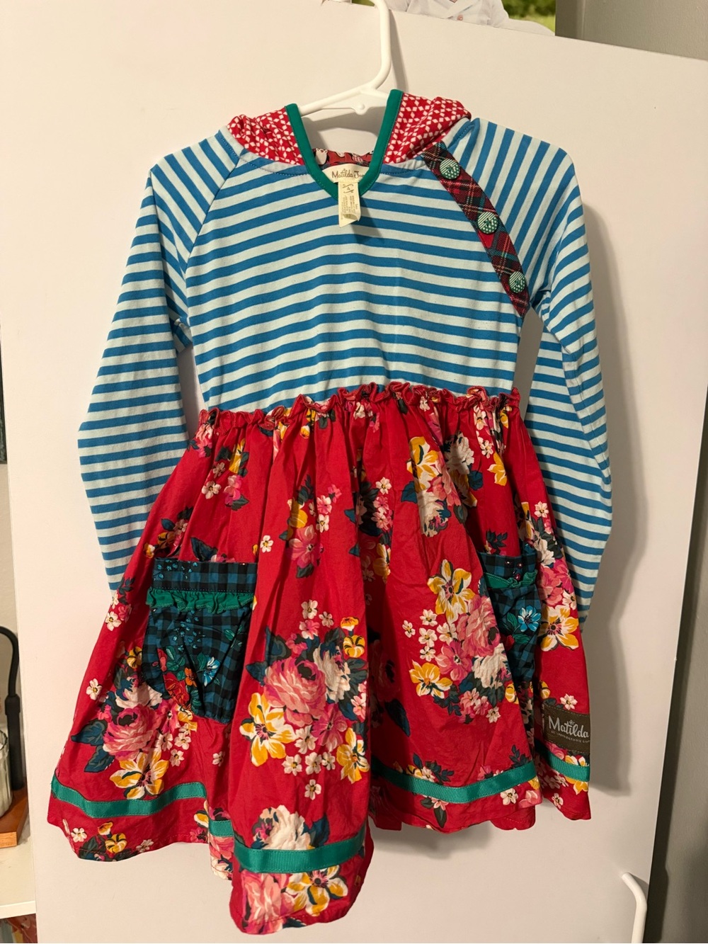 Matilda Jane Red Floral & Blue Stripe Hooded Dress with Plaid Trim